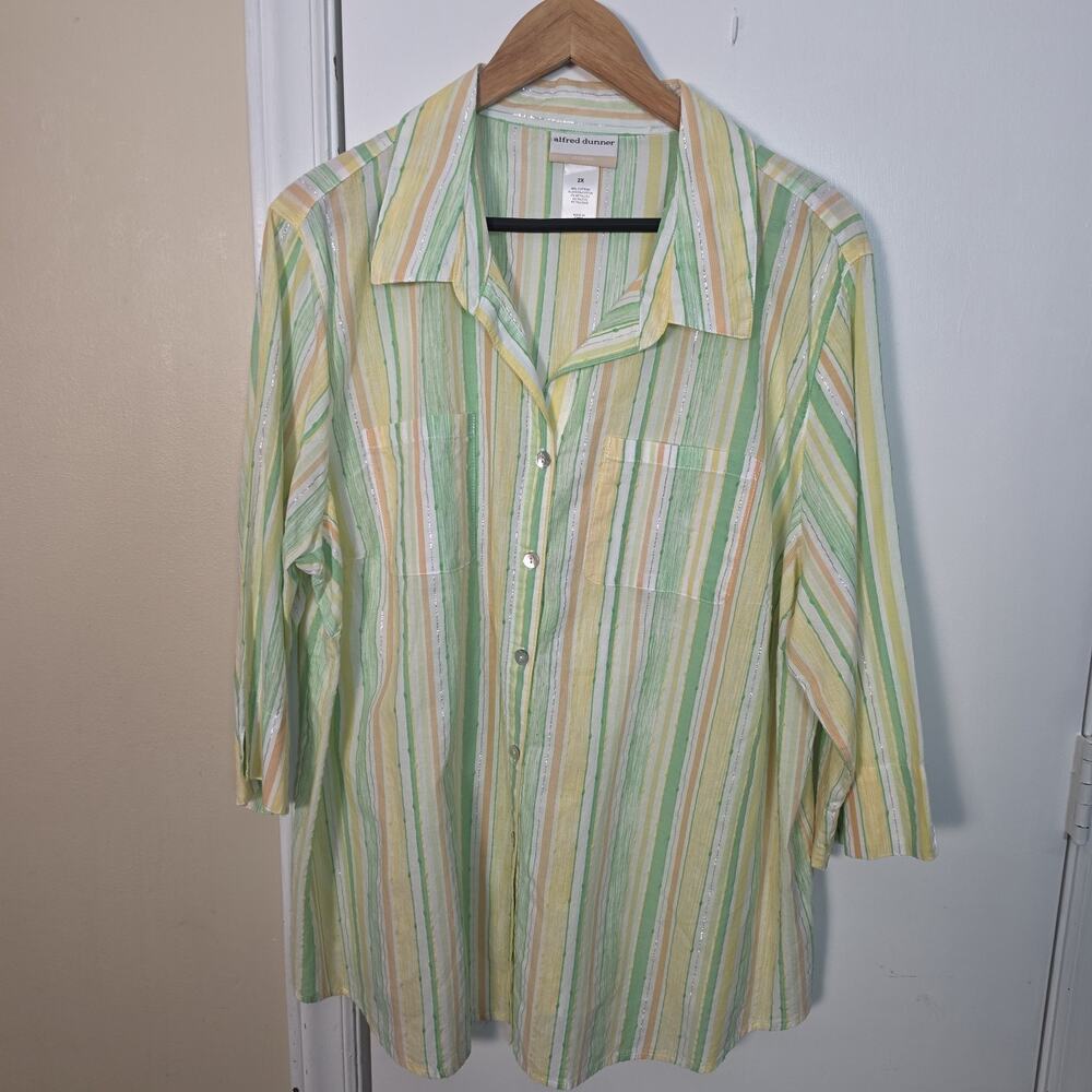 Alfred Dunner Sz 2X Button Vertical Stripe Metallic Shirt Lightweight Cotton